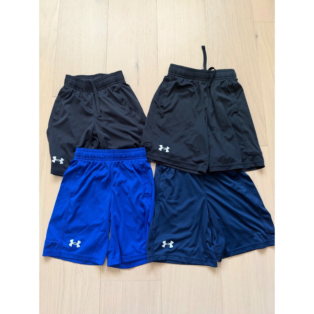 4 pairs Under Armour Boys Athletic Shorts bundle Lot Black Blue Size xs kids